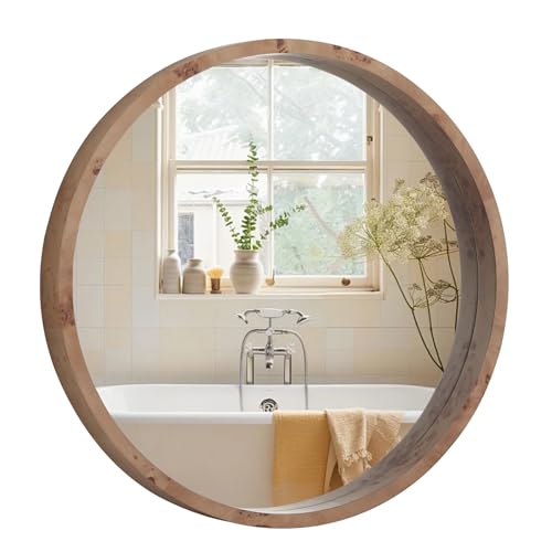 24 Inch Round Wood Mirror, Burlwood Grain Wood Frame Circle Mirror, Versatile Wall Decor for Bathroom Vanity, Living Room, Bedroom and Entryway, Natural - size: 24"L x 24"W