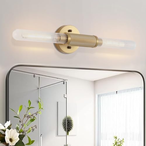 Gold Knurled Texture Wall Sconces 24" Modern Cylinder Bathroom Vanity Lights Fixtures with Clear Striped Glass Shade 2-Lights Indoor Wall Lighting for Living Room Bedroom Kitchen - color: Gold Knurled Texture/Clear