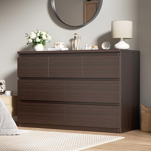 Jocoevol Modern Brown 7 Drawer Dresser for Bedroom, Simply Chest of Drawers, Wood Storage Dresser with Deep Drawers for Living Room Hallway Entryway, Brown - color: Brown
