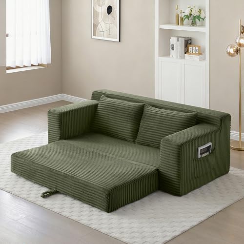 73" Corduroy Cloud Loveseat Sofa, 2-in-1 Convertible Sleeper Sofa Bed with Memory Foam, No-Assembly Sofa-in-a-Box for Small Spaces Living Room/Apartment/Office (Green) | Corduroy - color: Green