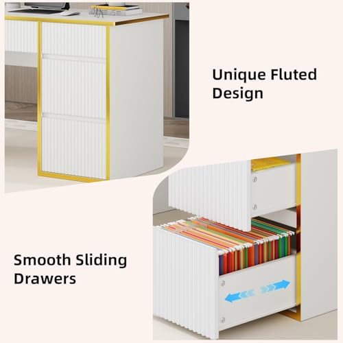 4 EVER WINNER 47-Inch Fluted Computer Desk with 4 Drawers, White and Gold | Compact Home Office Desk with 4 Storage Drawers, Including a Deep File Drawer, White and Gold Desk for Bedroom, Small Spaces - color: White and Gold