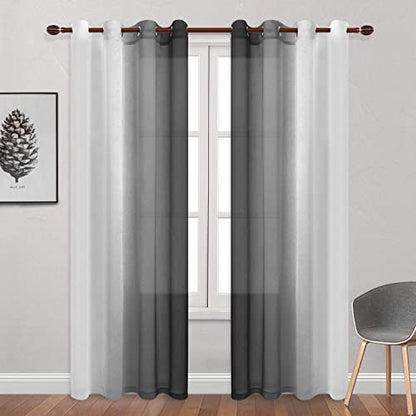 DWCN Ombre Faux Linen Sheer Curtains - Semi Voile Gradient Grommet Top Curtains for Bedroom and Living Room, 52 x 108 Inches Long, Set of 2 Window Curtain Panels, Black - color: Black, size: 52"W x 108"L (Pack of 2)