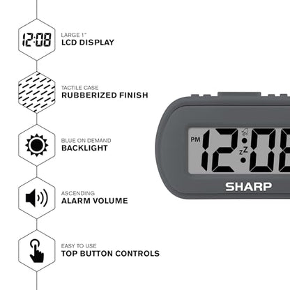 Sharp Battery Alarm Clock, Soft-Touch Case and Backlight, Charcoal Black | Soft-touch rubberized case; Battery operated; Blue backlight on demand; Ascending alarm; Snooze; Easy to use - color: Charcoal Black