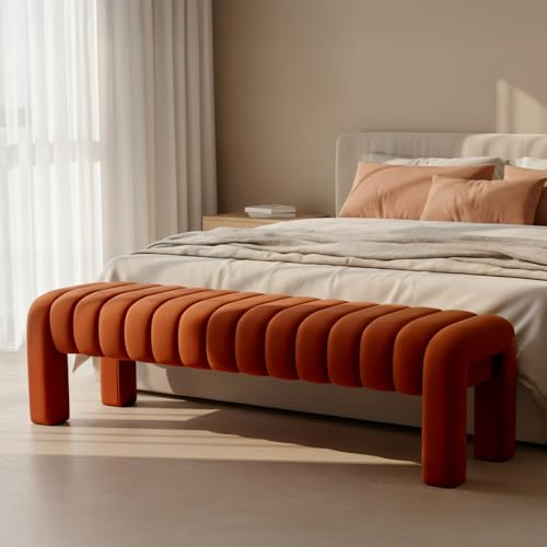 63" Bedroom Bench, Upholstered Entryway Bench, Modern End of Bed Ottoman with Solid Wood Legs and Adjustable Foot Pegs for Entryway, Dining Room and Living Room (Rust Velvet) - color: Rust Velvet, size: 63"
