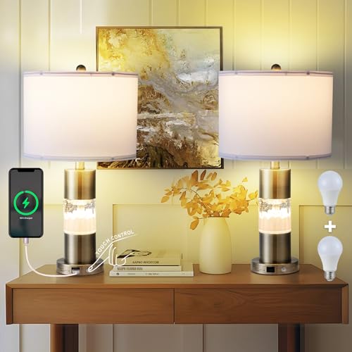 Serteaw Set of 2 Gold Bedroom Lamp for Nightstands, Touch Table Lamps, USB Charging Ports, with Stepless Dimming Mode for Living Room, Modern Snow and Clouds Crystal Bedside Lamps - color: Gold,cloud crystal