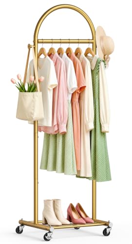 MISSLO 18" Small Clothes Racks for Hanging Clothes Arched Shape Gold Clothing Rack with Wheels 70" Metal Rolling Garment Rack with Shelves for Small Space, Bedroom, Laundry, Gold - color: Gold