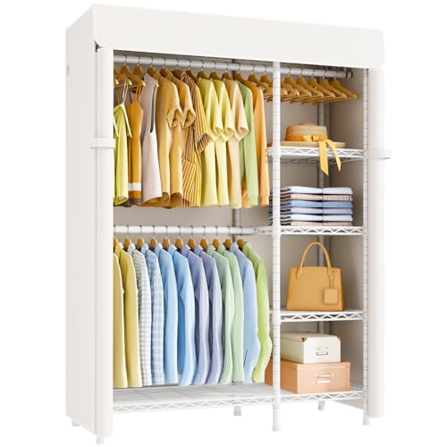 F2C Clothes Rack with Cover, White Closet with Beige Cover | Heavy Duty Clothing Racks with Shelves for Hanging Clothes, Portable Garment Rack, 47.2"W x 16.5"D x 78.3"H, Load 630lbs - color: White Closet with Beige Cover