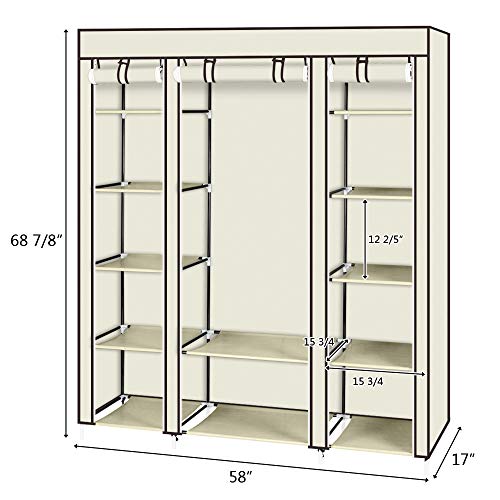 Portable Clothes Closet, Wardrobe Storage Organizer with Non-Woven Fabric, Quick and Easy to Assemble (Beige)
