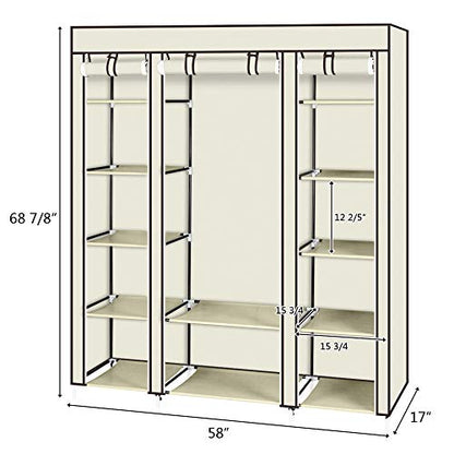 Portable Clothes Closet, Wardrobe Storage Organizer with Non-Woven Fabric, Quick and Easy to Assemble (Beige)