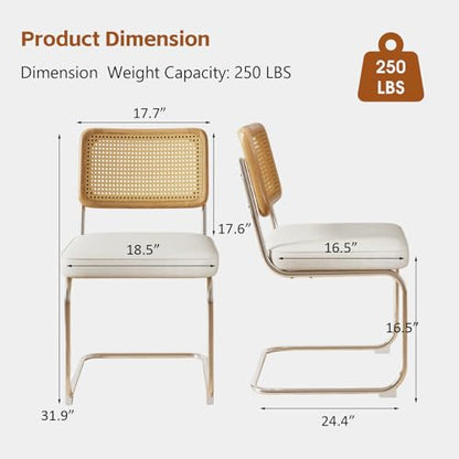 Rattan Dining Chairs Set of 2,Velvet Cesca Chair Kitchen Chair,Beige | VICBARLEY Mid Century Modern Dining Chairs,Wood Cane Backrest&Chrome Base,Upholstered Side Chair for Dining Room,Kitchen - color: Beige, size: Set of 2