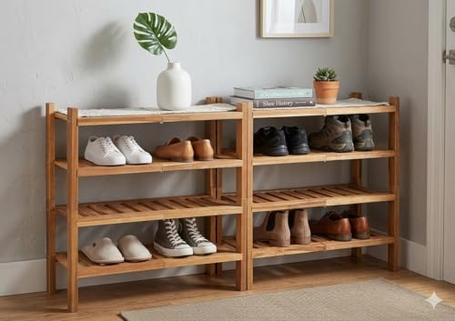 2-Tier Acacia Wood Stackable Shoe Rack - Brush Teak - color: Teak