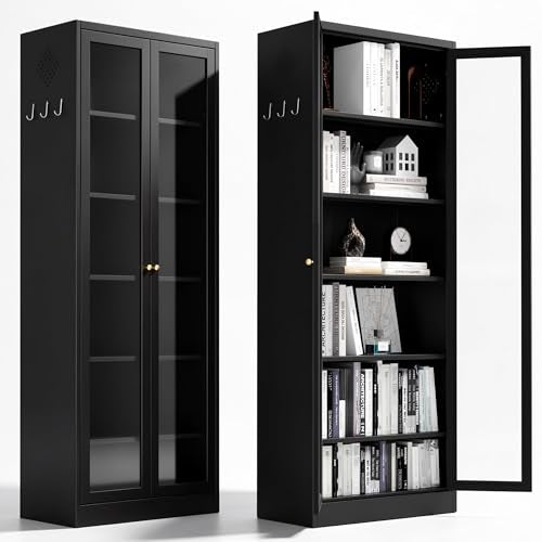 AQY Kitchen Pantry Cabinet,Black 73" Tall Pantry Storage Cabinet with Doors and Adjustable Shelves, Metal Food Pantry Cabinets with Handle, Freestanding Cupboard for Living Room-Assemble Required - color: Black, style: H72" - 2 Glass Doors Hooks & Vents