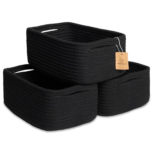 NaturalCozy 11.8"x8"x4.5” Rectangle Storage Baskets for Shelves 3 Pack | Cotton Rope Woven Small Baskets for Organizing | Small Storage Bins for Nursery, Bathroom, Closet, Shelf, Decorative, Gift - color: Black, size: 11.8" x 8" x 4.5"