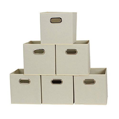 Fabric Storage Bins 6 Piece Set, Strong Poly-Woven Fabric, Sturdy Chipboard Sides, Grommet Front Handle, Stackable and Foldable, Classic Design, Cream - color: Cream, size: 11” L x 11” W x 11” H