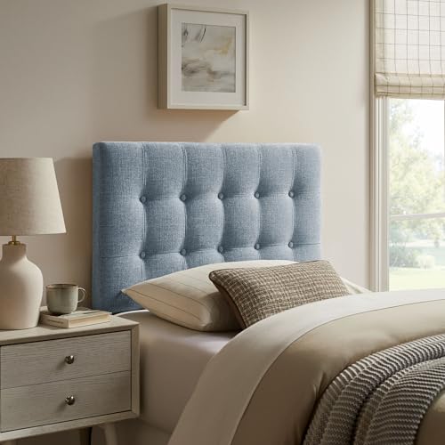 Modway Emily Twin Size Fabric Headboard in Sky Blue - Linen-Like Upholstery with Button Tufting and 7 Adjustable Height Positions - color: Sky Blue, size: Twin