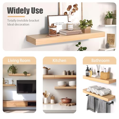 Habudda Floating Shelves, Wooden Wall Shelf for Rustic Decor, Hanging Display Shelving for Bedroom Bathroom Kitchen Living Room, Natural Wood, Invisible Bracket, 23.6"×6.7"×1.6", 2-Pack | Floating Wall Shelves, Rustic Farmhouse Hanging Display Shelf for B