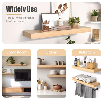 Habudda Floating Shelves, Wooden Wall Shelf for Rustic Decor, Hanging Display Shelving for Bedroom Bathroom Kitchen Living Room, Natural Wood, Invisible Bracket, 23.6"×6.7"×1.6", 2-Pack | Floating Wall Shelves, Rustic Farmhouse Hanging Display Shelf for B