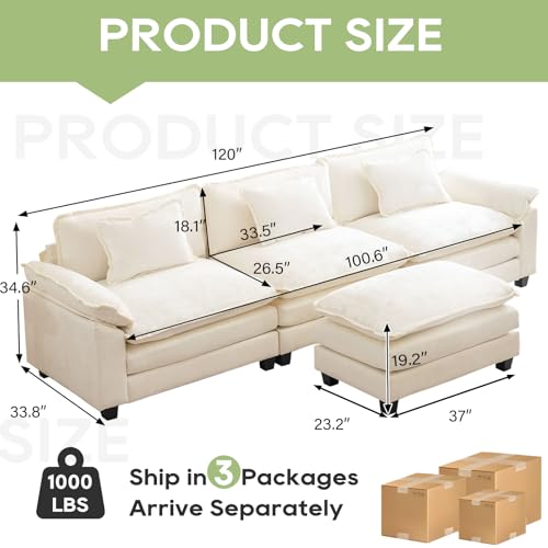 120" Modular Sectional Sofa, Comfy Deep Cloud Couch with Ottoman | L-Shaped Couches for Living Room, Modular Couch, Deep and Wide Seat, Chenille Sofa Sleeper with Throw Pillows, Beige White - color: Beige White, size: 120 Inch L