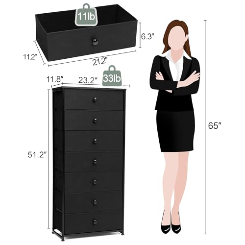 Fabric Dresser for Bedroom, Wide 7-Drawer Tall Vertical Tower (Black) | Wooden Top, Steel Frame, Easy Pull Bin,Organizer Unit for Living Room, Hallway, Entryway, Nursery, Closets - color: Black, style: Wide-7 Drawers