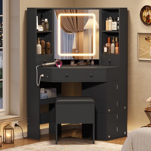 Corner Vanity Desk with Lighted Mirror, Makeup Vanity with Lights and Charging Station, Vanity Set with Mirror and Storage Stool, Makeup Table with Drawers, Rotating Shelves, Black - style: Modern Black