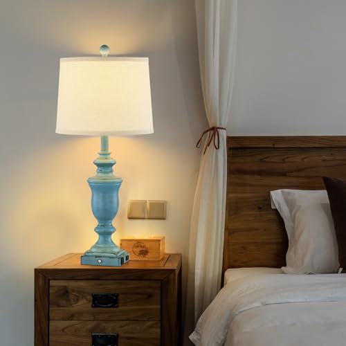 SAIWEYA 27.5" Set of 2 Farmhouse Table Lamps for Bedroom, 3 Way Dimmable Bedside Lamp with 2 USB +AC Outlet Nightstand Lamps for Living Room Resin Rustic Touch Lamps - color: Antique Blue-27.5in