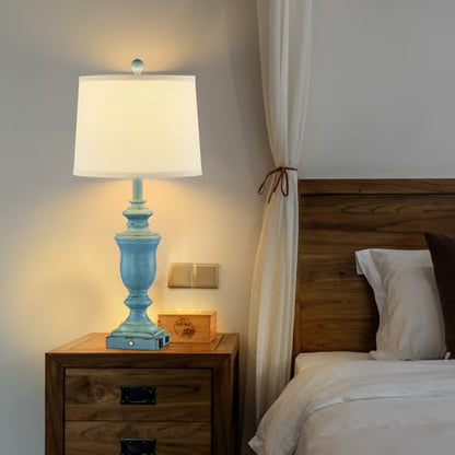 SAIWEYA 27.5" Set of 2 Farmhouse Table Lamps for Bedroom, 3 Way Dimmable Bedside Lamp with 2 USB +AC Outlet Nightstand Lamps for Living Room Resin Rustic Touch Lamps - color: Antique Blue-27.5in