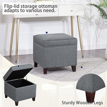 Linen Storage Ottoman with Wooden Legs, 17" Square Upholstered Footrest Stool, Extra Seat or Coffee Table for Living Room, Bedroom, Entryway, Dark Grey - color: Dark Grey