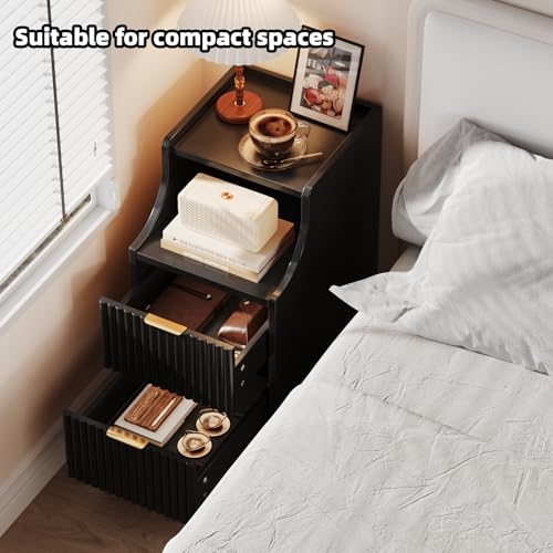 Fluted Nightstands Set of 2,Narrow Bedside Table with 2 Drawers & Storage, Farmhouse Walnut End Table Modern Side Table for Bedroom Livingroom Sofa Office, Small Space - color: Black,11.8" With 2 Drawers