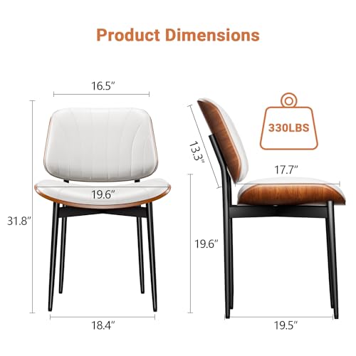 YaFiti Mid Century Dining Chairs Set of 2 with Walnut Bentwood, White | Ergonomic Walnut Backrest, Upholstered Waterproof PU Leather Seat, Stable Metal Legs, Adjustable Footpads, Apartment Friendly - color: White Scallop