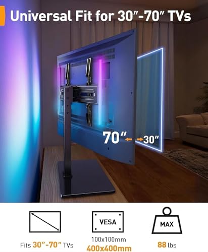 Perlegear Universal Swivel TV Stand with LED Lights for 30–70 inch TVs, Height Adjustable Table Top TV Stand with Tilt, Tempered Glass Base, Holds up to 88 lbs, Max VESA 400x400mm, PGTVS32B - size: 30-70 Inch