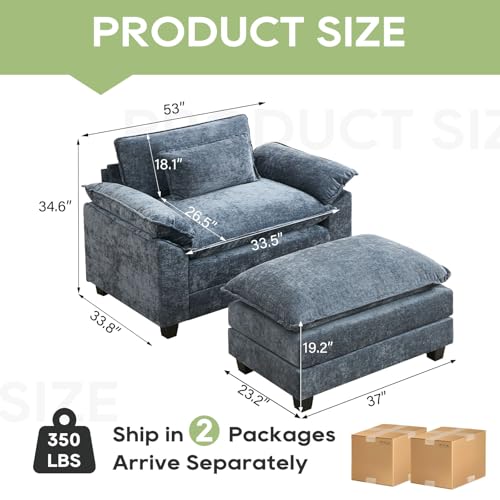 53" Modular Sectional Sofa, Comfy Deep Cloud Couch with Ottoman | Couches for Living Room, Sofa Bed, Modular Couch, Deep and Wide Seat, Chenille Sofa Sleeper with Throw Pillows, Blue - color: Blue, size: 53 Inch 2