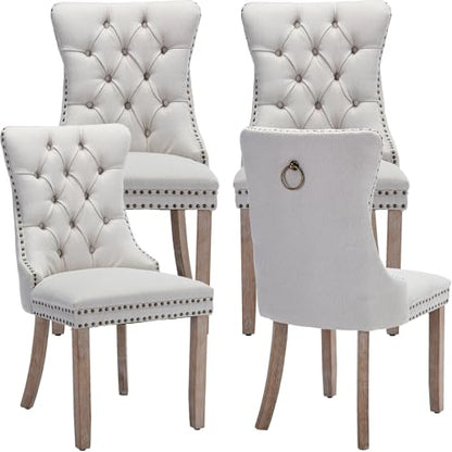 Beige-White Dining Chairs Set of 4, Tufted Kitchen & Dining Room Chairs | Four Fabric Tufted Dinning Chairs, Linen Upholstered, Wing Back, Metal Pull Ring, Wood Frame, Mid Century Modern - color: A-2 Beige Linen, Wood Legs, size: 4