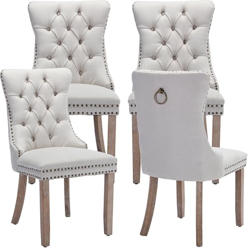 Beige-White Dining Chairs Set of 4, Tufted Kitchen & Dining Room Chairs | Four Fabric Tufted Dinning Chairs, Linen Upholstered, Wing Back, Metal Pull Ring, Wood Frame, Mid Century Modern - color: A-2 Beige Linen, Wood Legs, size: 4