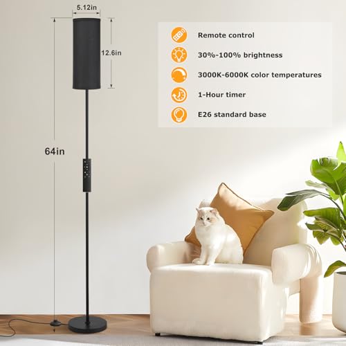 64'' Floor Lamps for Living Room with Remote Control and Stepless Dimmable Colors Temperature & Brightness, 9W Bulb Included(Black Lampshade & Black Pole) - color: black & black, size: 64.57 inches Round Shade