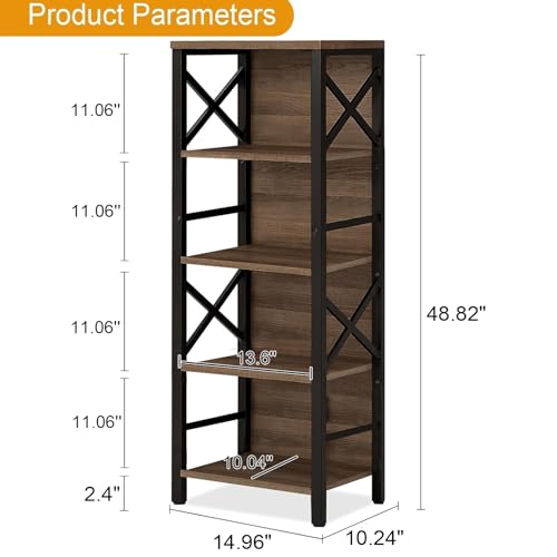MNEETRUNG Small Bookshelf,5 Tier Industrial Bookshelf with Metal Frame and Backboard,Narrow Rustic Brown Book Shelf,Book case for Small Spaces,Living Room,Bedroom and Home Office - color: Brown, size: 5-Tier (14.9"W x 10.2"D x 48.8"H)