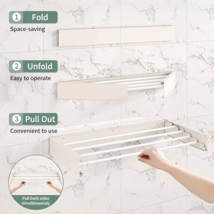 23.6-Inch Wall Mounted Foldable Clothes Drying Rack, White | Space-saving rack folds against the wall when not in use and includes a mounting template for indoor or balcony drying - color: White,w23.6''