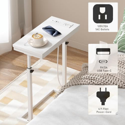 TUTOTAK End Table with Charging Station, Side Table, Tall Couch Table | Sofa Table, for living Room, Bedroom, White TB01BW084 - color: White, size: 1 Pack, style: With Plug