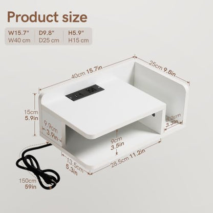 Afuly Floating Nightstand Set of 2 White Bedside Table with ChargingStation | Wall Mounted Side Table with Led Light Modern Minimalist End Table Small Hanging Storage Organizer for Bedroom, Apartment