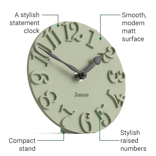 JONES CLOCKS® Hampstead Desk Clock | Freestanding | Sage Green | Elegant Raised Moulded Numerals | Ideal for Shelf, Mantel, Living Room, Home Office or Bedside - color: Sage Green