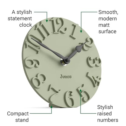 JONES CLOCKS® Hampstead Desk Clock | Freestanding | Sage Green | Elegant Raised Moulded Numerals | Ideal for Shelf, Mantel, Living Room, Home Office or Bedside - color: Sage Green