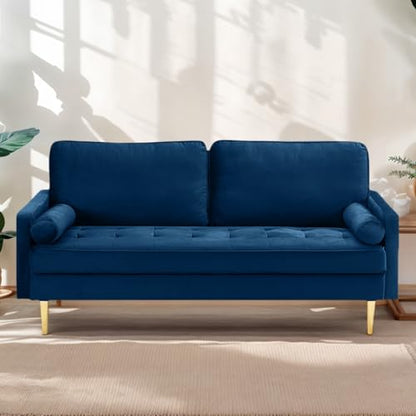 65" Love Seat Sofa, Velvet Small Sofa Small Couch for Bedroom Living Room, Bedroom, Loveseat with 2 Pillows, Gold Legs, Modern Tufted Seat Upholstered Seating for Office, Apartment (Blue) - color: Blue