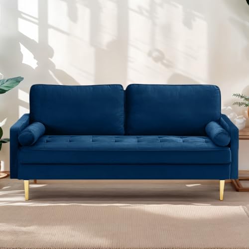 65" Love Seat Sofa, Velvet Small Sofa Small Couch for Bedroom Living Room, Bedroom, Loveseat with 2 Pillows, Gold Legs, Modern Tufted Seat Upholstered Seating for Office, Apartment (Blue) - color: Blue
