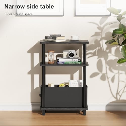 Apicizon Narrow Side Table with Fabric Basket, 3-Tier End Table, Black | Sofa Side Table, Wood Storage Shelf, Slim Nightstand, Skinny Bedside Table for Narrow Spaces, Living Room, Bedroom - color: Black, style: Narrow Side Table with Basket