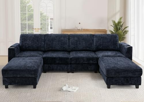 110" Convertible U-Shape Couch with 2 Flexible Ottomans, Blue | Soft Sectional Sofa with Durable Cup Holders, Chenille 4 Seater Sofa with Well-Filled Backrest for Living Room, House - color: Blue, size: 110" U-Shape