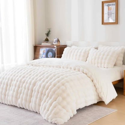 Fluffy White Duvet Cover Full Set, Soft Shaggy Plush Rabbit Bedding Set 3 Pieces (1 Fuzzy Comforter Cover + 2 Faux Fur Pillow Cases) Zipper Closure（White, Full） - color: White, size: Full