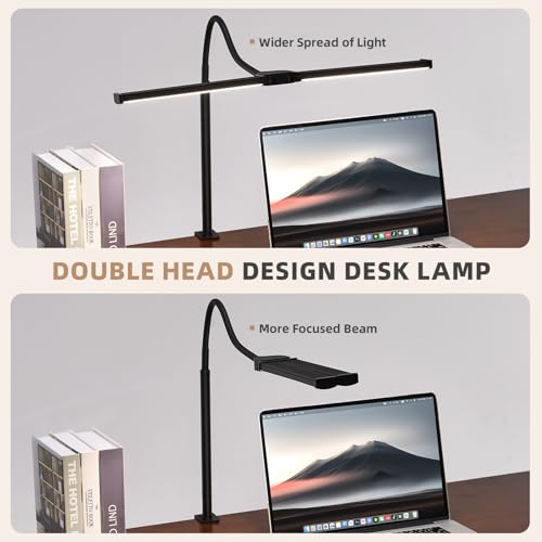LED Desk Lamp for Home Office, Double Head Desk Light with Clamp | 3 Modes 10 Brightness, Long Flexible Goose-Neck, Eye-Caring, Memory Function, Energy Efficient, USB Adapter, Metal, Black - color: Black Pro