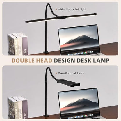 LED Desk Lamp for Home Office, Double Head Desk Light with Clamp | 3 Modes 10 Brightness, Long Flexible Goose-Neck, Eye-Caring, Memory Function, Energy Efficient, USB Adapter, Metal, Black - color: Black Pro
