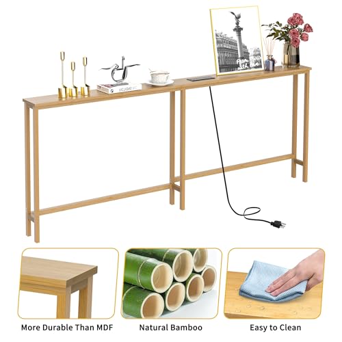 VASMIA 70.9 Inch Narrow Console Table with Outlet,Bamboo Behind Couch Sofa Table,Skinny Hallway Table for Entryway Living Room,Foyer,Natural - color: Natural, size: 5.91"D x 70.87"W x 29.52"H