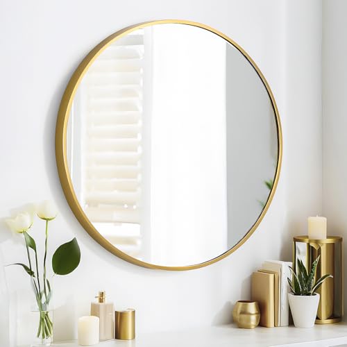 SCWF-GZ 24" Round Mirror Circle Wall Mounted Hanging or Against Wall Metal Frame Dressing Make-up Mirrors for Entryway Bedroom Bathroom Living Room 24 inch Gold | HD Crystal Clear No distortion Tempered Glass,Aluminum Frame,Make-Up Mirrors for Bedroom,Ent