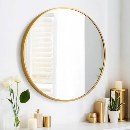SCWF-GZ 24" Round Mirror Circle Wall Mounted Hanging or Against Wall Metal Frame Dressing Make-up Mirrors for Entryway Bedroom Bathroom Living Room 24 inch Gold | HD Crystal Clear No distortion Tempered Glass,Aluminum Frame,Make-Up Mirrors for Bedroom,Ent